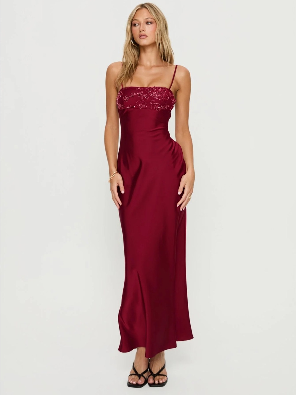 Slip Midi Dress with Beaded Detail - Burgundy - Picture 3 of 3